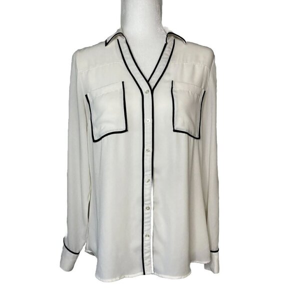 Express The Portofino Shirt Medium Ivory Black Piping Button Up Blouse Top - Picture 1 of 12